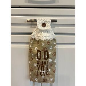 Crochet Top Kitchen Towel- Do what you love (paw prints)